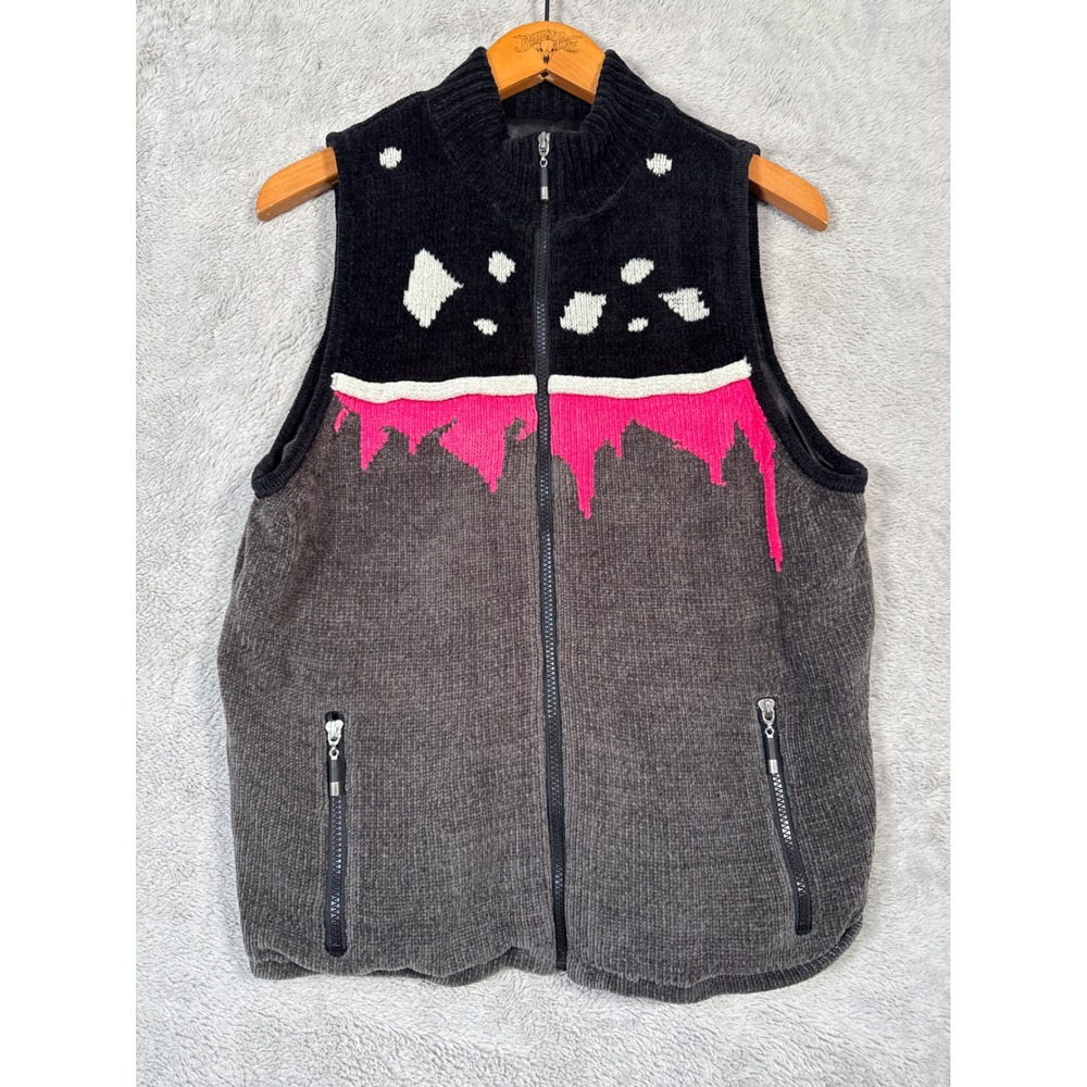VTG Abstract Sweater‎ Vest M Sleeveless Knit Zip Novelty Pnk Blk Outdoor